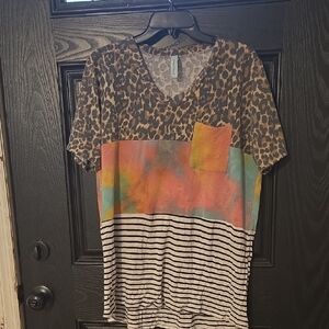 Multicolor Leopard and Stripe Short Sleeve Tee